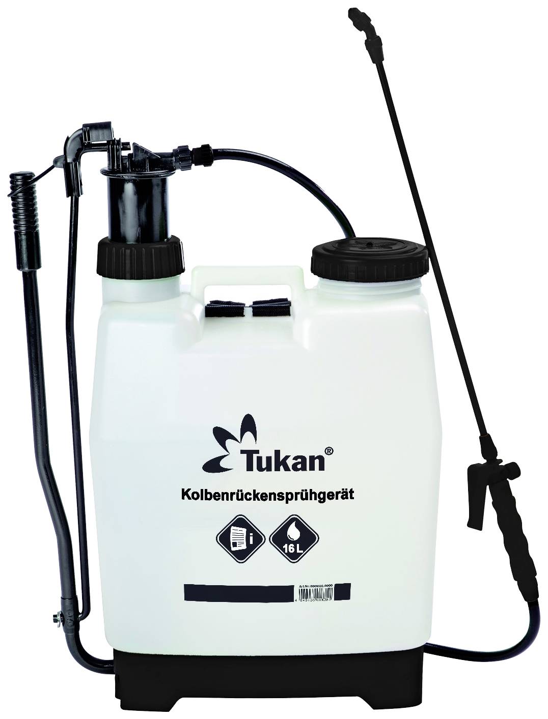 Et hvidt rygbåret sprøjteapparat med sort håndtag og pumpemekanisme, kapacitet på 16 liter, mærket 'Tukan'.