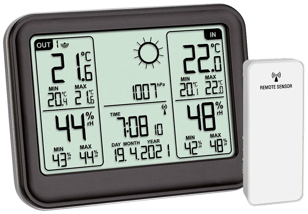 Digitalt termometer med ude- og indetemperaturer (21,6°C ude, 22,2°C inde), luftfugtighed og barometertryk. Dato: 19.04.2021.