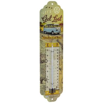 Termometer i retro-stil med 'Lad os fare vild' og 'Eventyr venter derude!' samt en bus på et verdenskort. Temperatur i °C og °F.