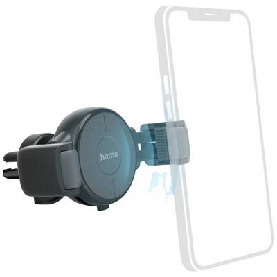 Smartphone-holder til bilen, som monteres på en ventilationsåbning, viser en transparent smartphone fastgjort til holderen.