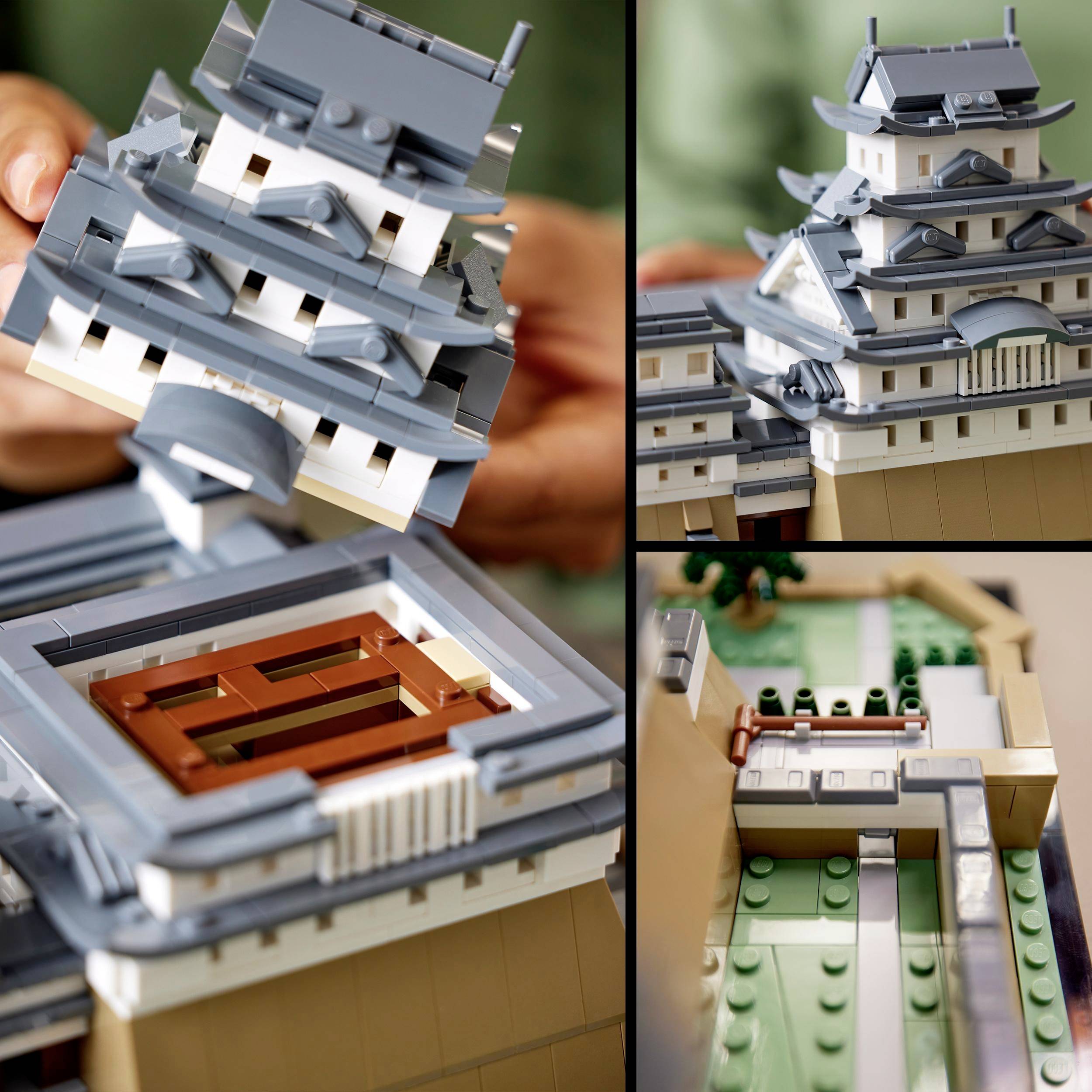 En person holder en model af en japansk borg lavet af byggeklodser i hånden. To yderligere perspektiver viser detaljer af arkitekturen i miniatureformat.