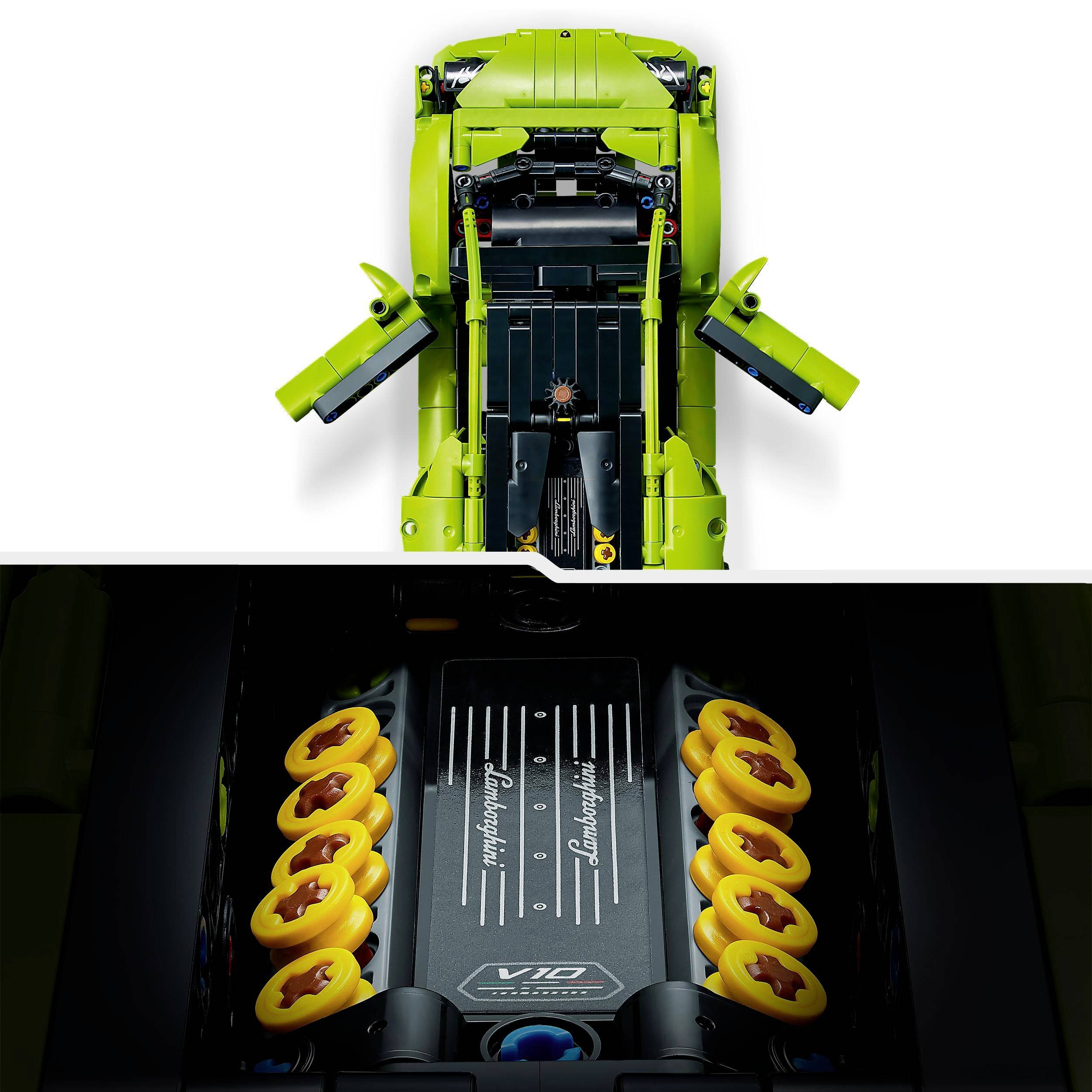 En grøn modelbil set fra oven, åben, viser indvendige detaljer og motor med 'Lamborghini' samt 'V10'-betegnelse.