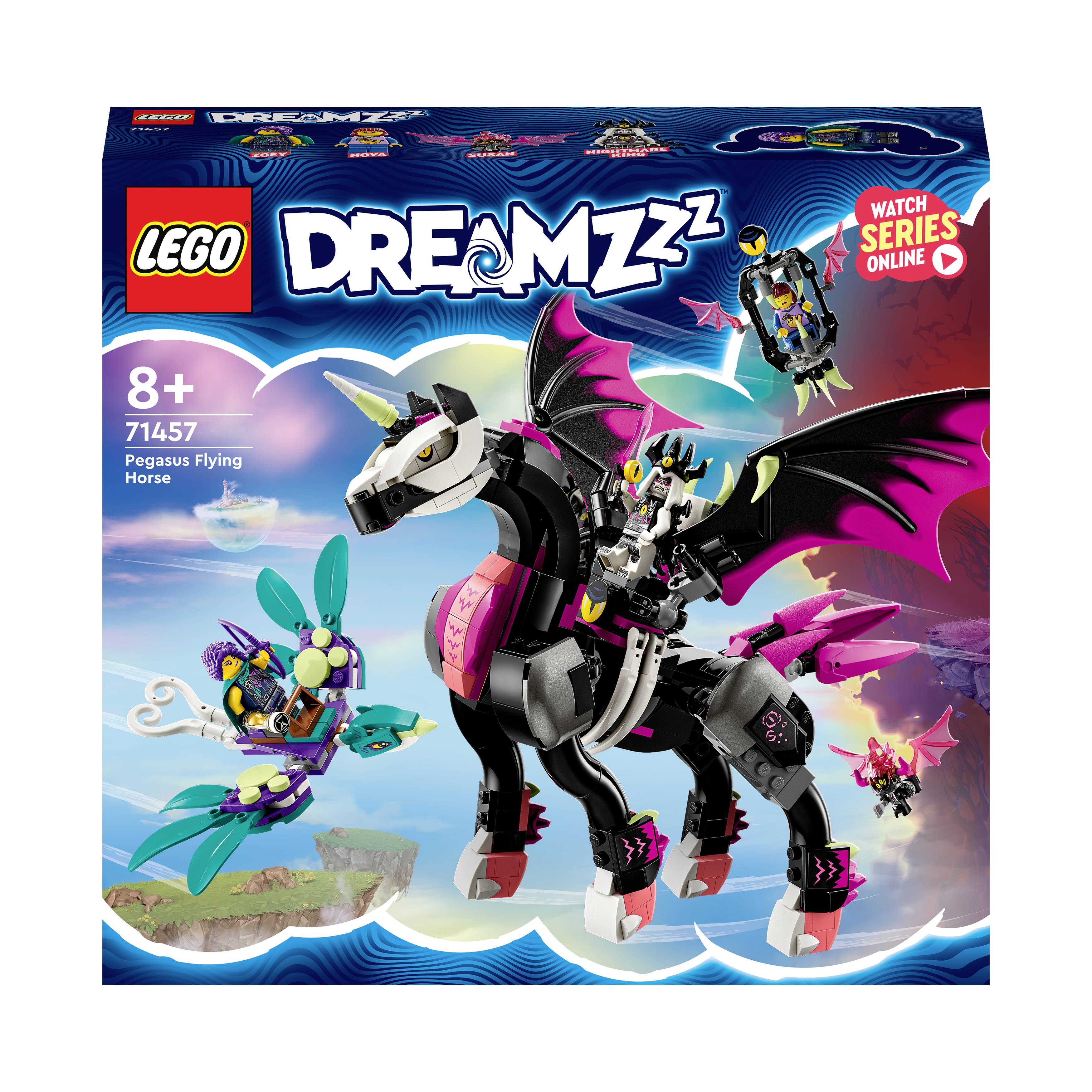 Lego Dreeeamzzz Pegasus-byggesæt til børn fra 8 år, der viser en flyvende sort pegasus med lyserøde vinger og tilbehør.