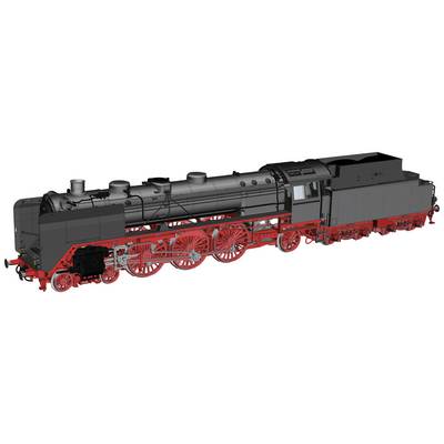 En detaljeret modelafbildning af et historisk damplokomotiv med sorte og røde elementer, set fra siden.