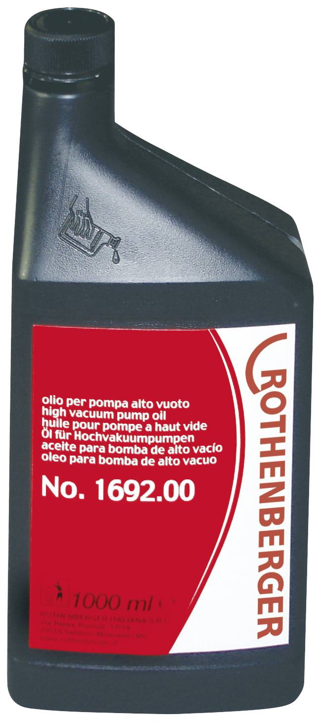Sort flaske fra ROTHENBERGER med rødt etiket, der viser 'Olie til højvakuumpumper' på italiensk, engelsk, fransk og tysk.