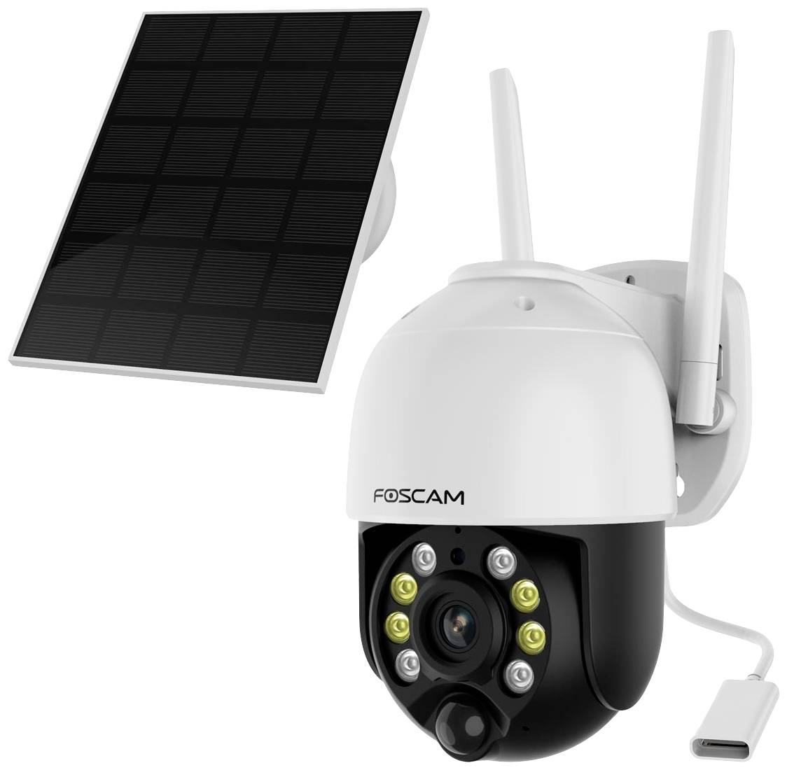 Overvågningskamera med solarpanel fra Foscam, udstyret med flere LED-lamper og antenne til trådløs forbindelse.