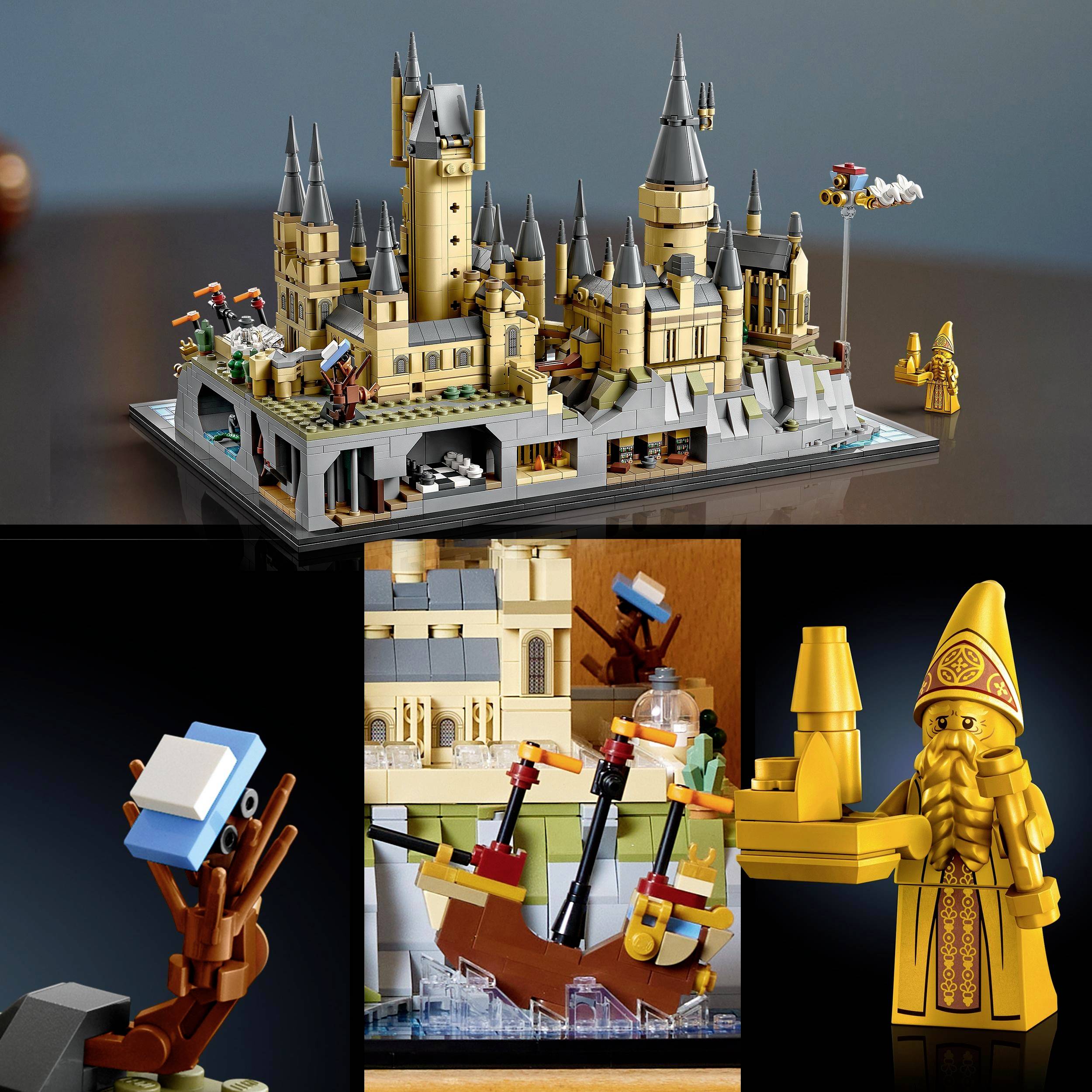 Et detaljeret modelslot med kunstnerisk udformede scener, omgivet af figurer og miniaturer i en kreativ kontekst.