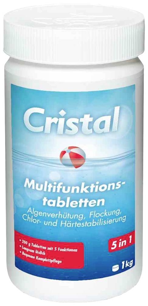En hvid plastikbeholder med påskriften 'Cristal Multifunktions-tabletter'. Indeholder 1 kg tabletter til algeforebyggelse og klorstyring.