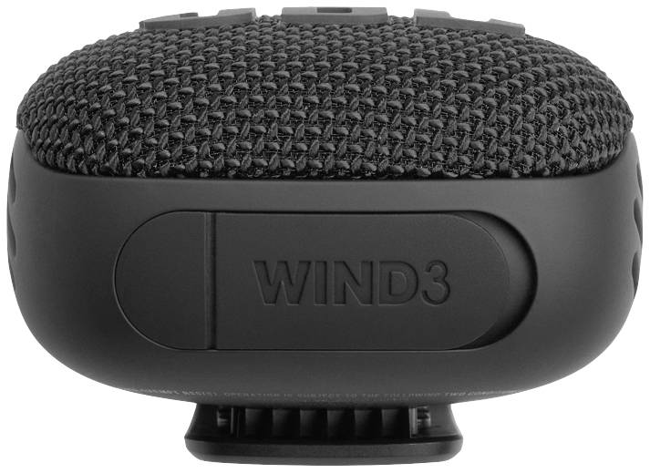 Bærbar sort Bluetooth-højtaler med struktureret overflade, model 'WIND3', viser forsiden og logoet.