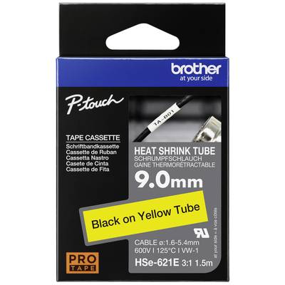 Emballage til en Brother P-touch krympeslange-kassette. Tekst 'Krympeslange, 9,0 mm, Sort på Gul Slange'