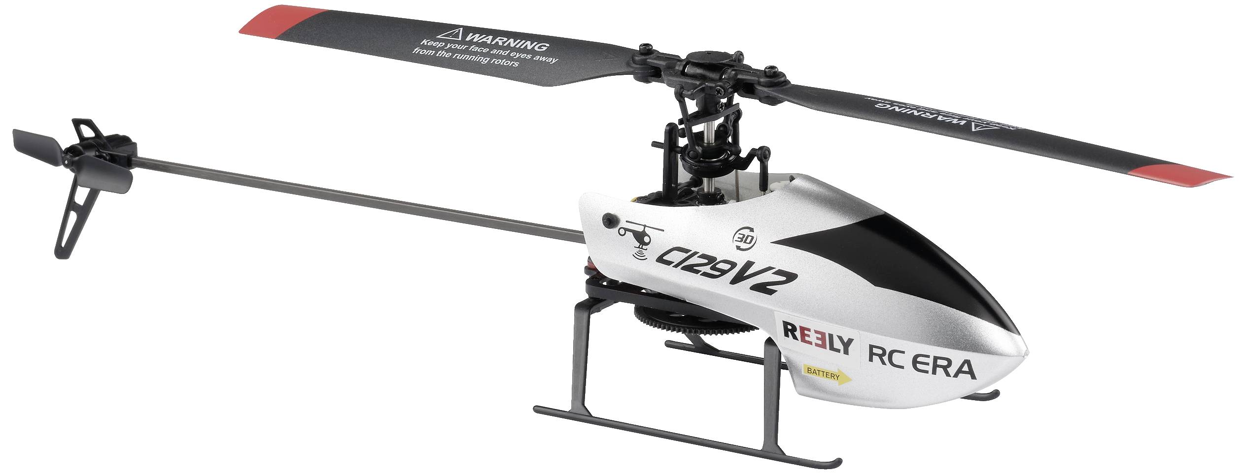 En fjernstyret helikopter med to rotorblade, malet i sort og hvid, står på en hvid baggrund.