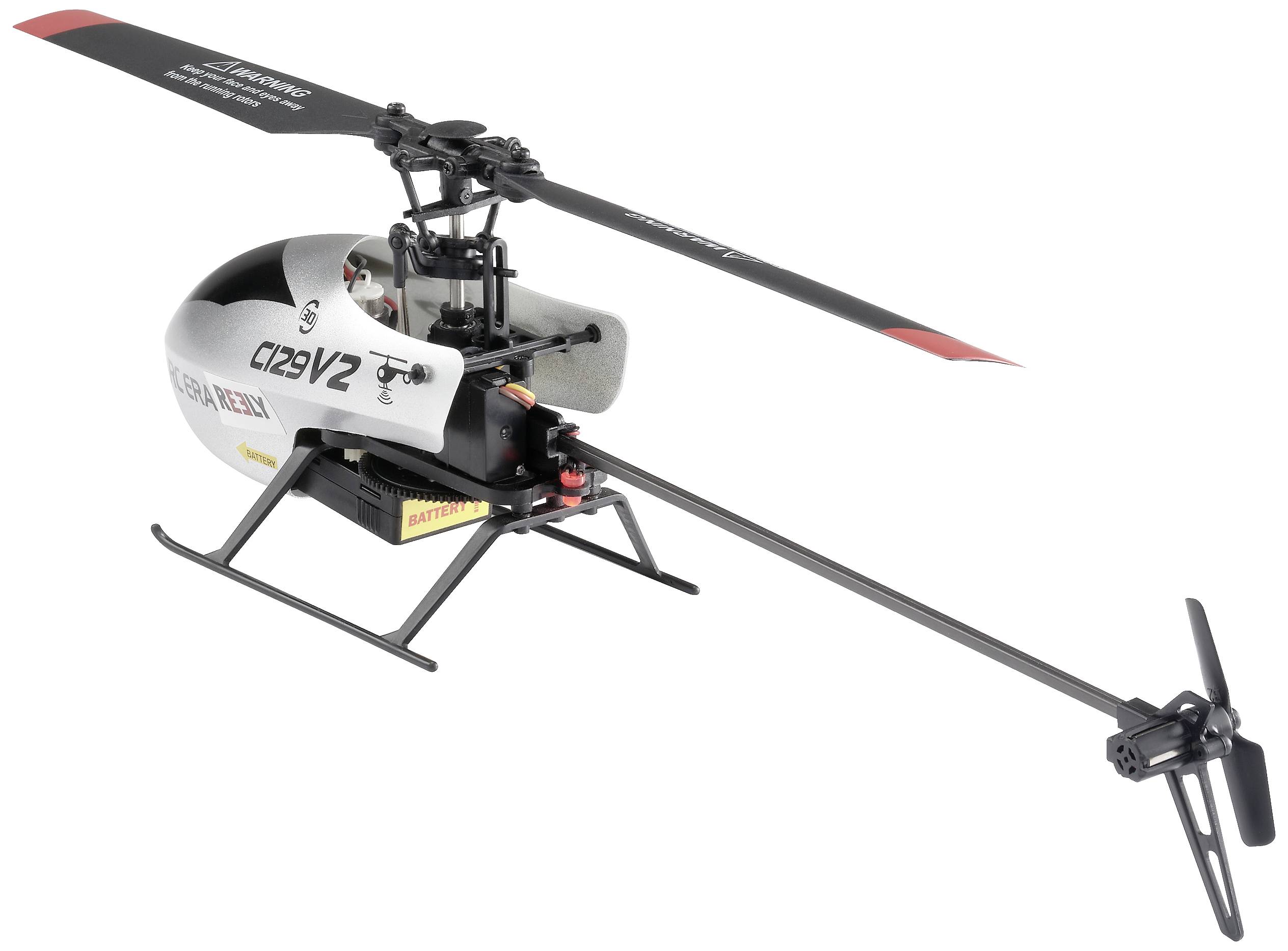 En fjernstyret modelhelikopter med røde og sorte rotorblade og en sølvfarvet krop.