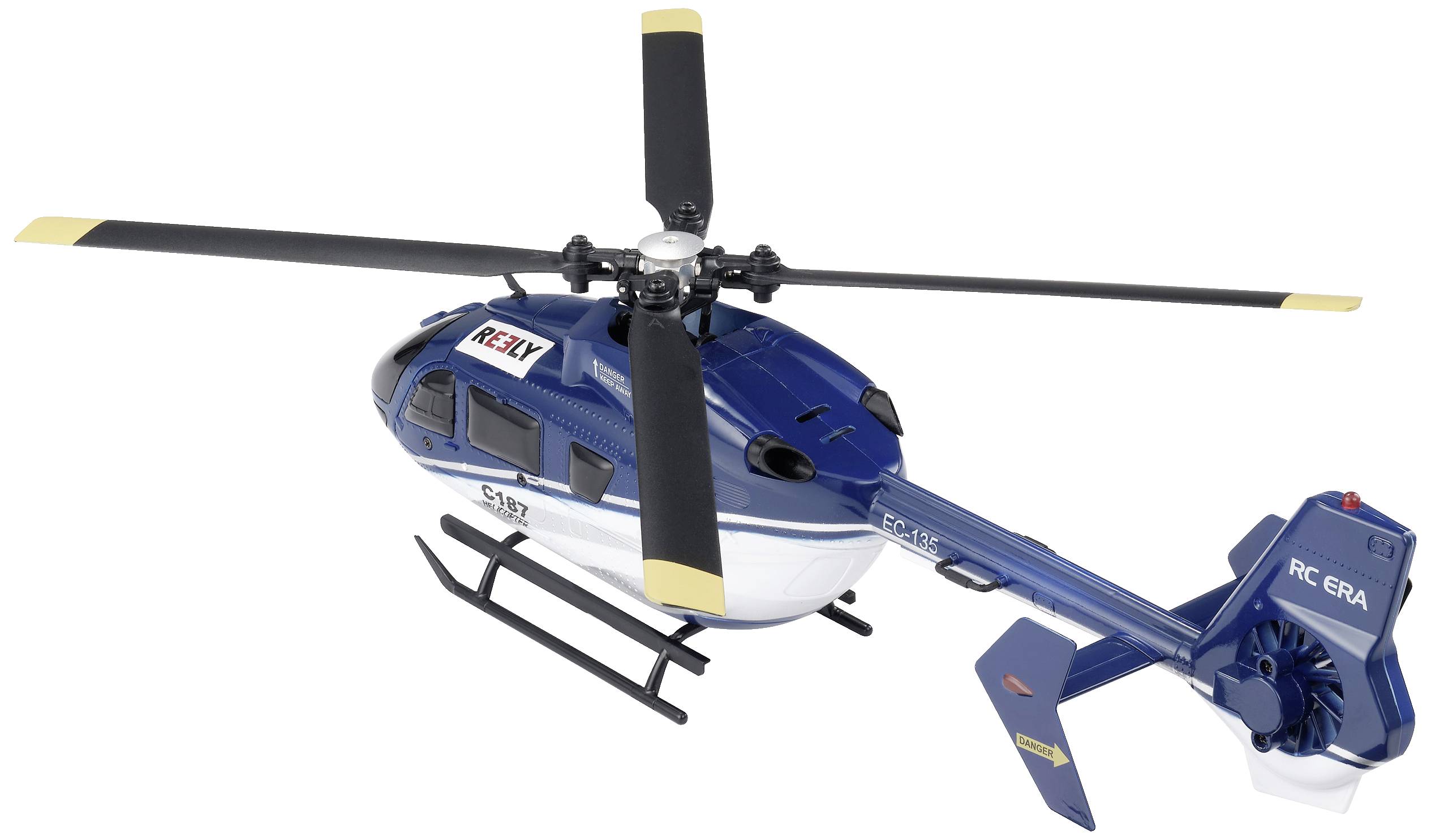 Legetøjshelikopter i blå farve med fire rotorblade, påskrevet 'RC ER4', placeret på en hvid baggrund.