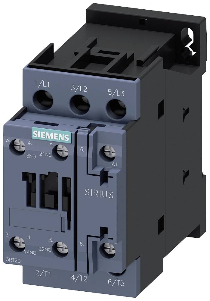 Et elektrisk kontaktor fra Siemens, model Sirius, med flere tilslutninger og skiftekontakter, som typisk bruges i industrielle kredsløb.