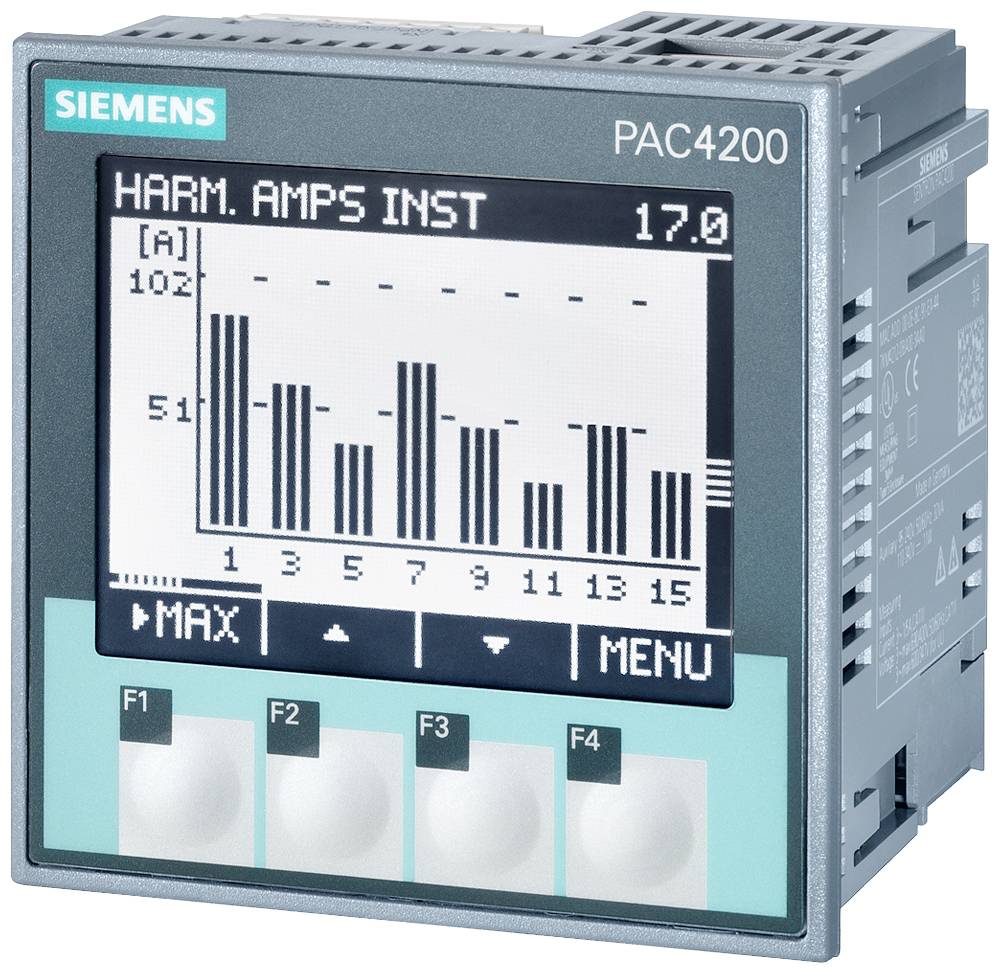 Billedet viser en Siemens PAC4200 måleenhed med et digitalt display, der viser søjlediagrammer over harmoniske strømme.