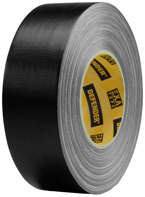 Sort tape på rulle, liggende på siden. Indvendigt ses det gule mærke 'Defender'.