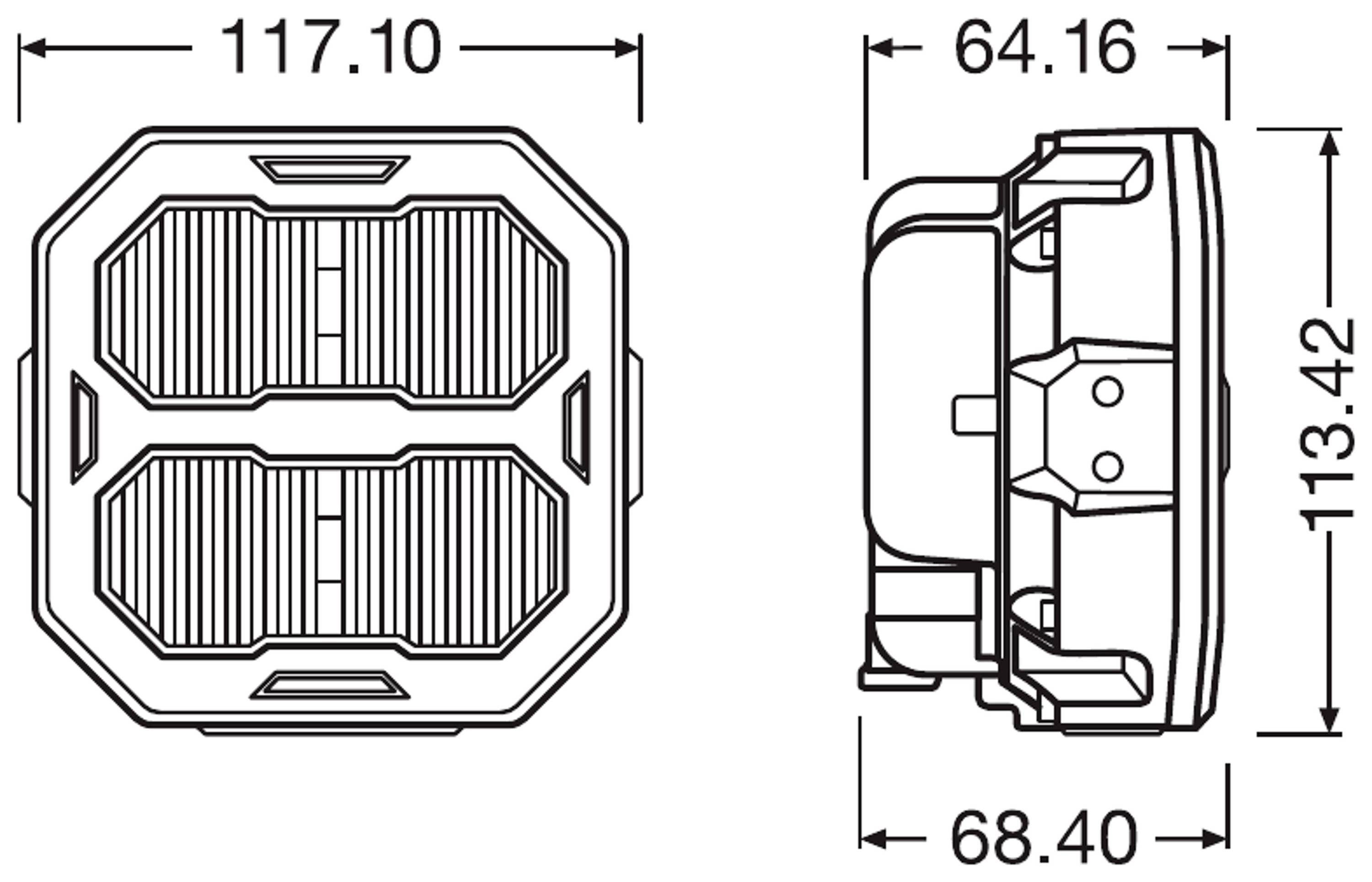 Teknisk tegning af et rektangulært objekt med følgende mål: Bredde 117,10 mm, dybde 64,16 mm og højde 113,42 mm.