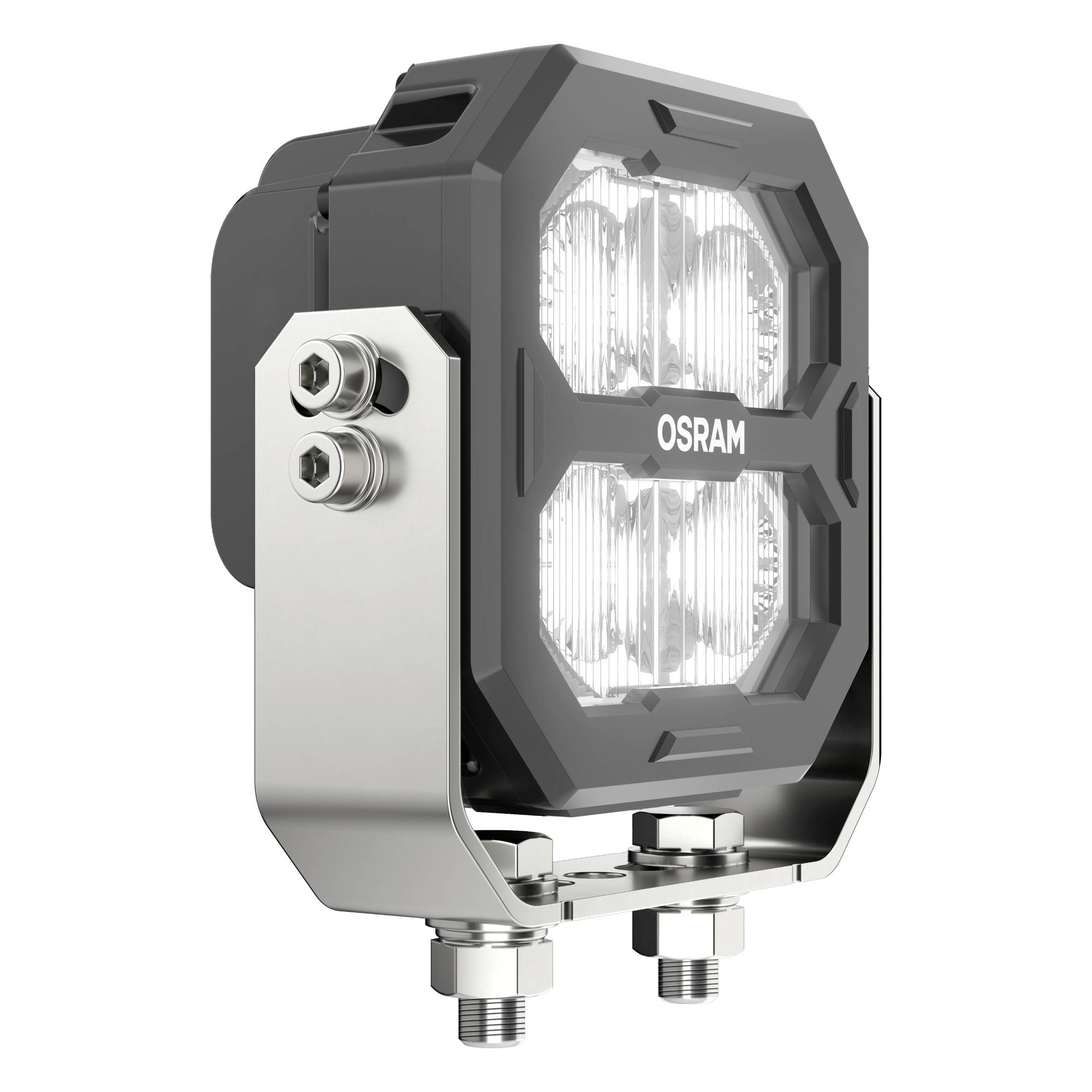 Et rektangulært LED-arbejdslys fra Osram med fire lysende LED'er og en robust metalbeslag, set fra siden.