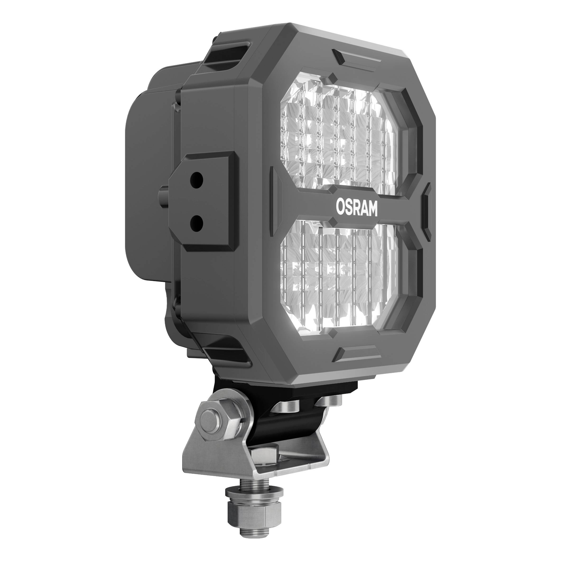 En rektangulær LED-projektør fra Osram med robust hus, mange små lysdioder og et monteringsbeslag.
