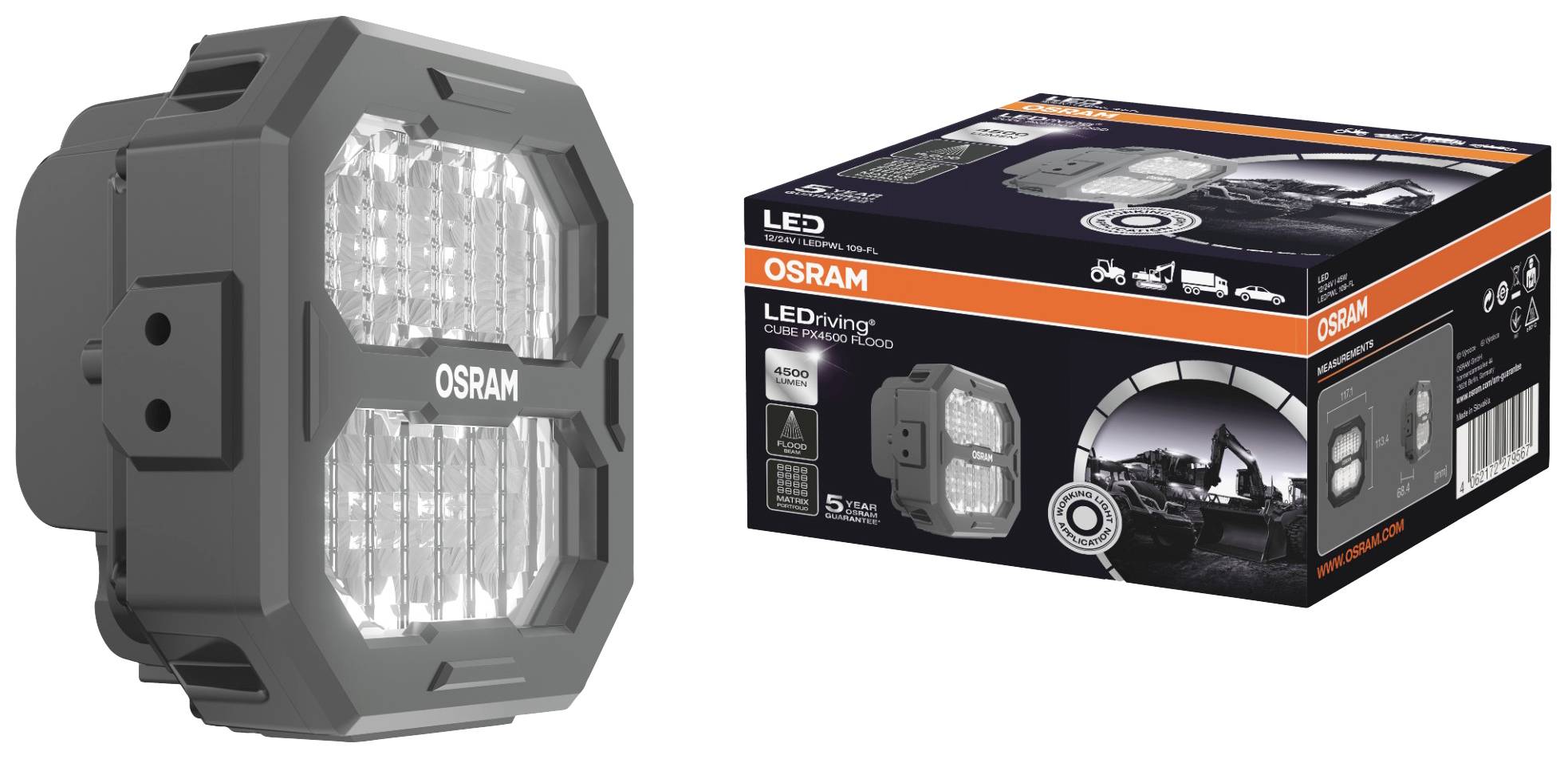 LED-arbejdslampe fra OSRAM med stærkt lys, egnet til bygge- og udendørsarbejde. Emballagen viser anvendelseseksempler og produktspecifikationer.