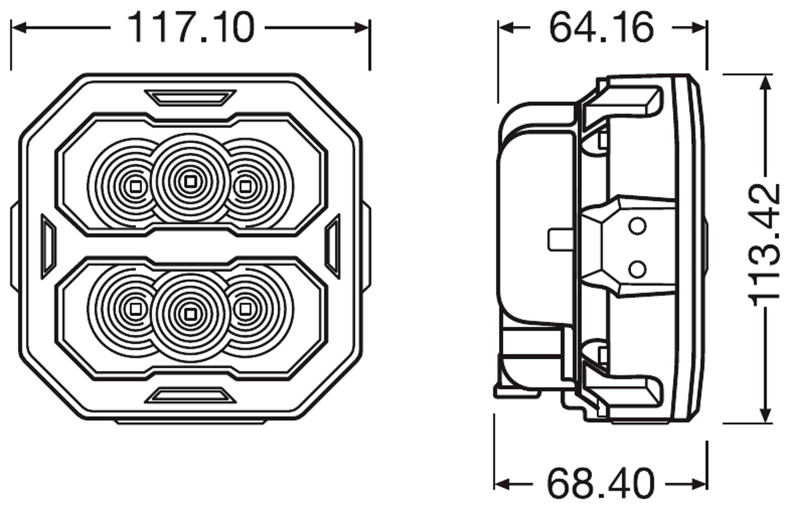 Teknisk tegning af et rektangulært LED-lampekabinettet med dimensioner: Bredde 117,10 mm, Dybde 68,40 mm, Højde 113,42 mm.