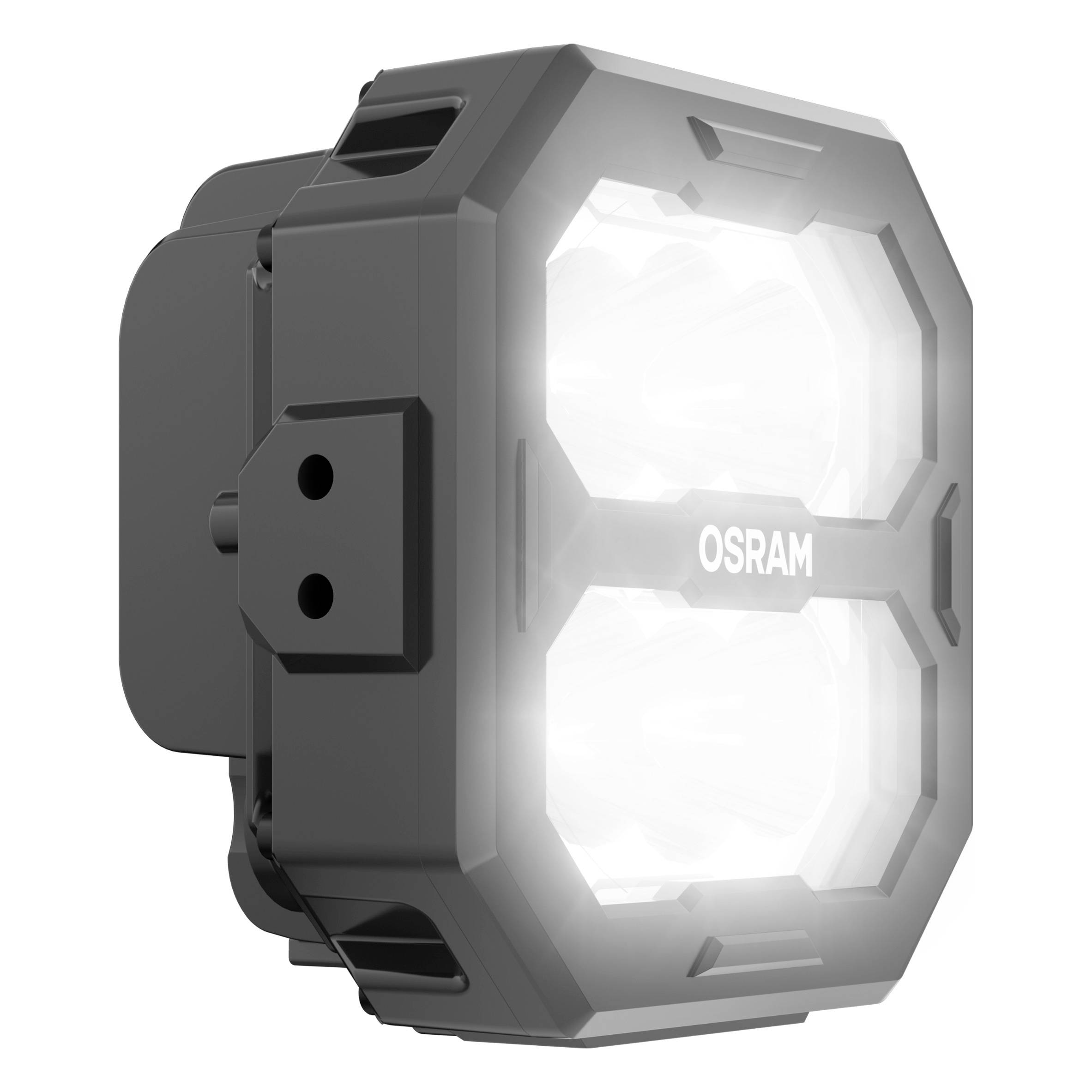 En lysende rektangulær projektør med påskriften 'OSRAM', omgivet af et robust hus, set fra siden.