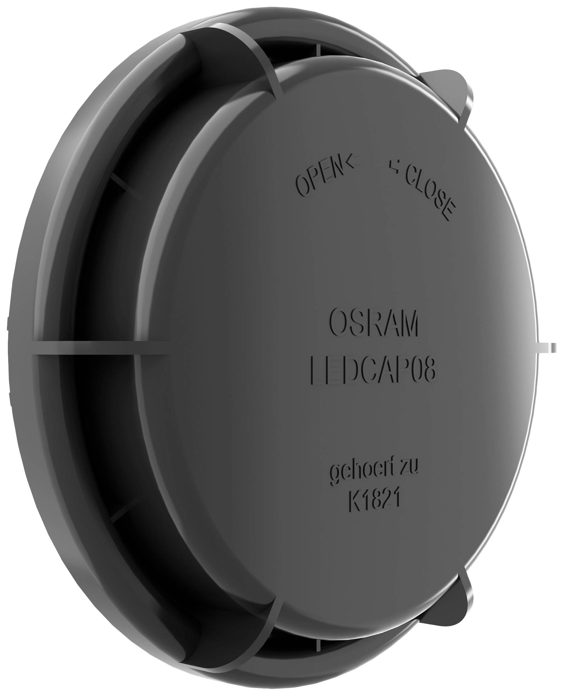Grå, rund plastikkabinet med påskrift 'OSRAM LEDCAP08'. Markeringer for 'Åben' og 'Luk'.