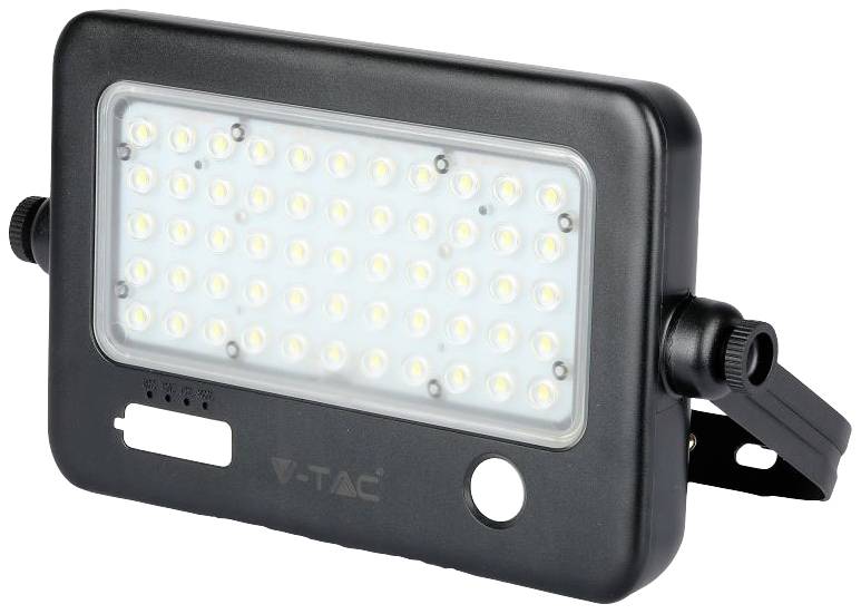 Sort LED-projektør med rektangulært hus og flere små, lysende LED-lamper på hvid baggrund.