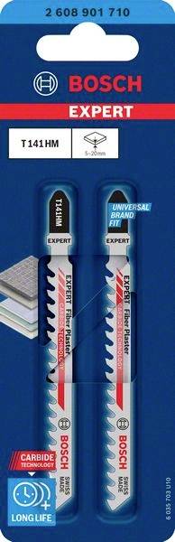 Emballage med to BOSCH Expert stiksavsklinger, egnet til metal og træ. Bemærk: 'Lang Levetid' og 'Universal Mærkepasning'.