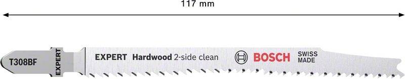'Savklinge fra Bosch, type T308BF, 117 mm lang, til rent snit i hårdttræ, med påskriften "EXPERT Hardwood 2-side clean" og "Swiss Made".'