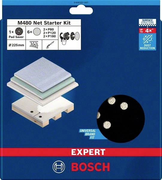 Bosch M480 Net Startersæt: Indeholder slibenet i forskellige kornstørrelser, støvreducerende, universel kompatibilitet, 225 mm.