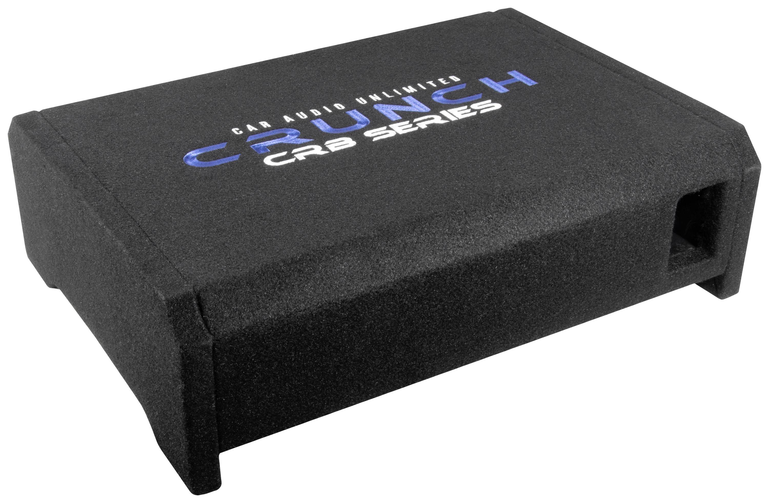 Sort forstærker med blå påskrift 'Car Audio Unlimited Crunch CRB Series'. Rektangulær kabinet med afrundede kanter.