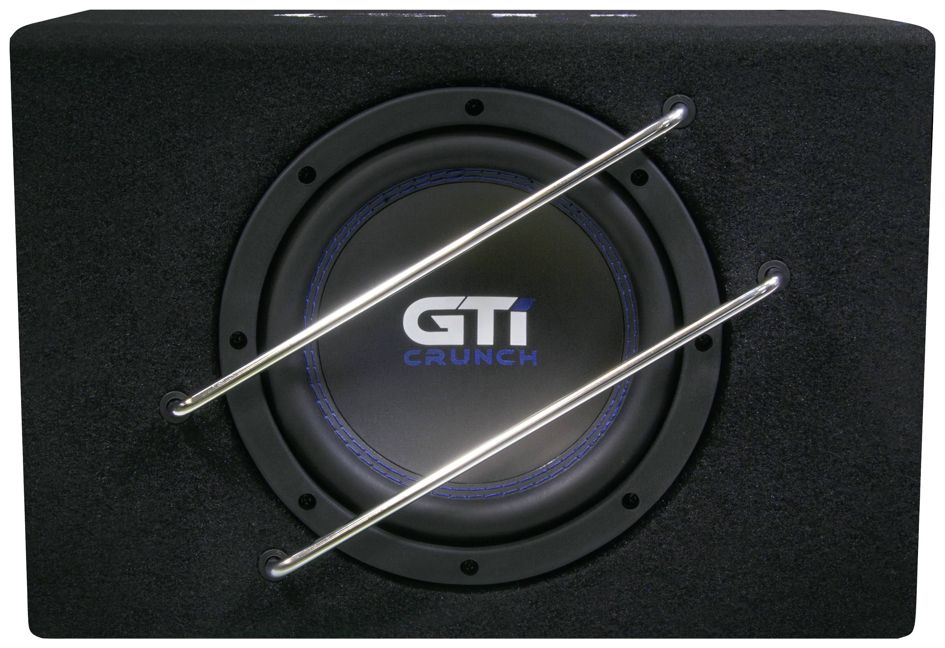 En sort subwoofer med påskriften 'GTI CRUNCH' på forsiden. To metalstænger krydser hinanden foran højttaleren.