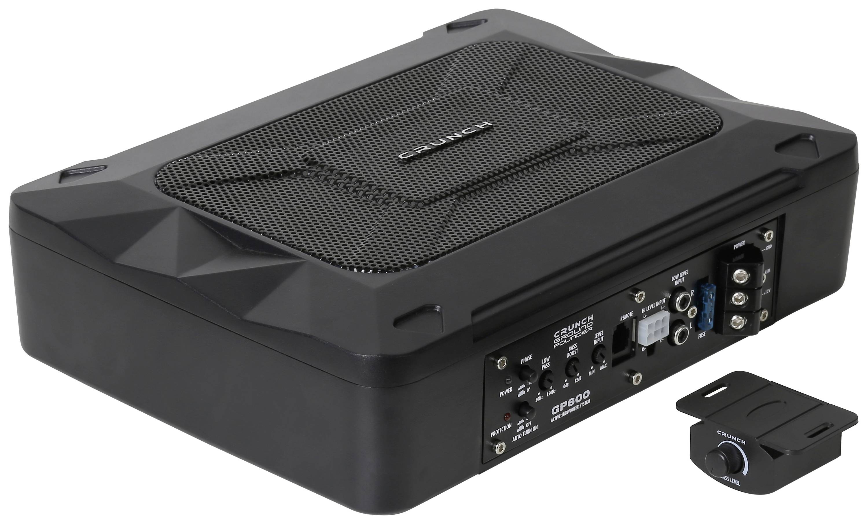 Sort, rektangulær bil-subwoofer med tilslutningsbetjeningselementer på siden. Lille, separat kontrolmodul ved siden af.