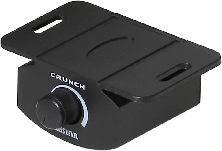 En sort forstærkerregulator med påskriften 'Crunch' og 'Bass Level', til styring af basniveauet på audioforstærkere.