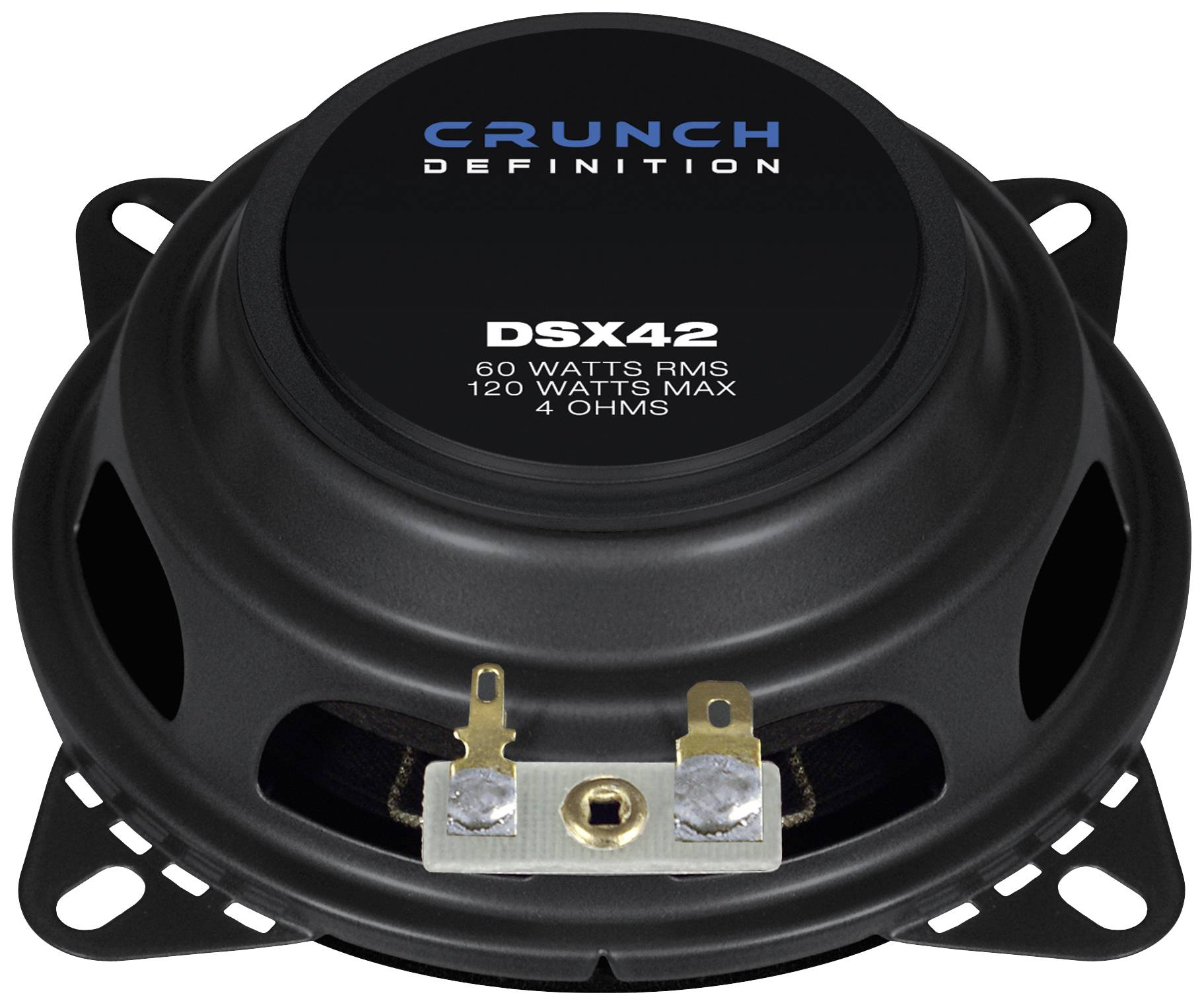 Højttaleren Crunch DSX42 har en effekt på 60 Watts RMS og 120 Watts Max ved 4 Ohm.