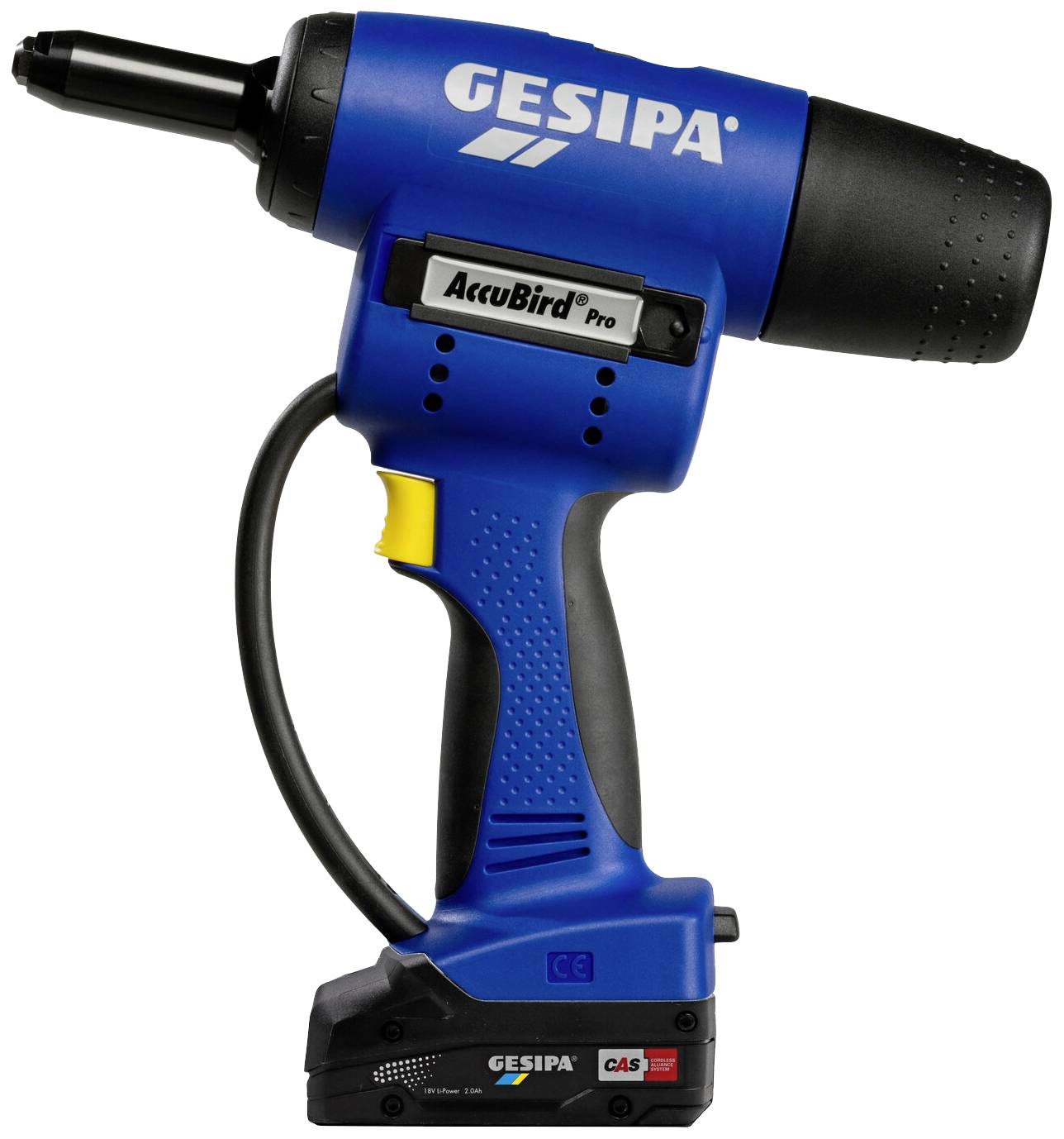 Batteridrevet blindnitpistol 'AccuBird Pro' fra GESIPA, blå kabinet, ergonomisk design, til professionelle nitningsopgaver.