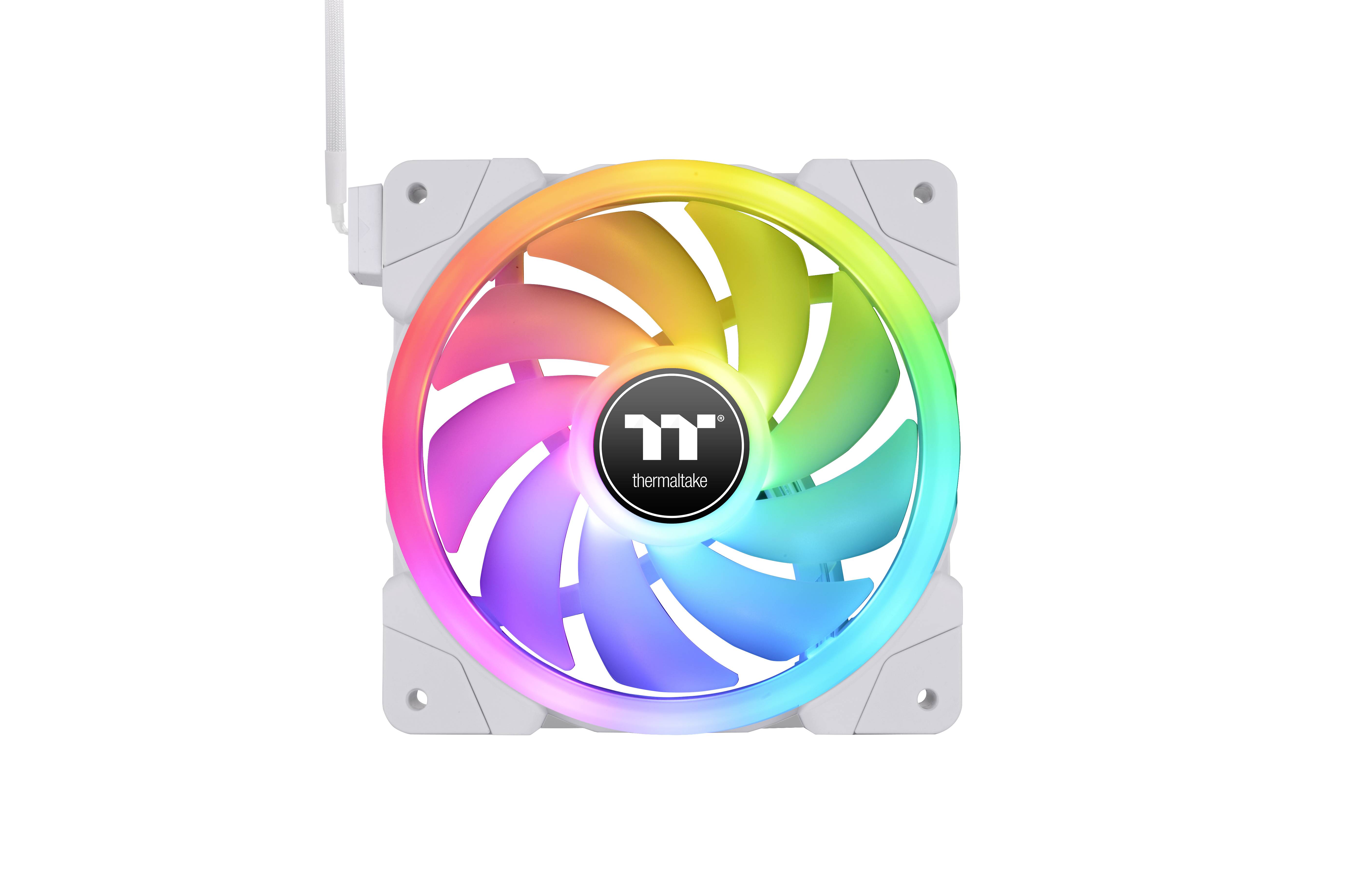 Kølerventilatorer med hvid ramme og roterende RGB-LED'er, der skaber en regnbueeffekt.