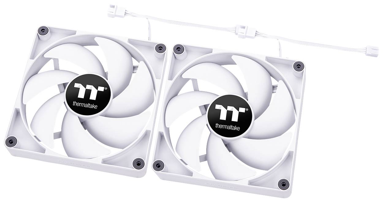 To Thermaltake-computerventilatorer i hvid, hver udstyret med syv rotorblade og hvide tilslutningskabler.