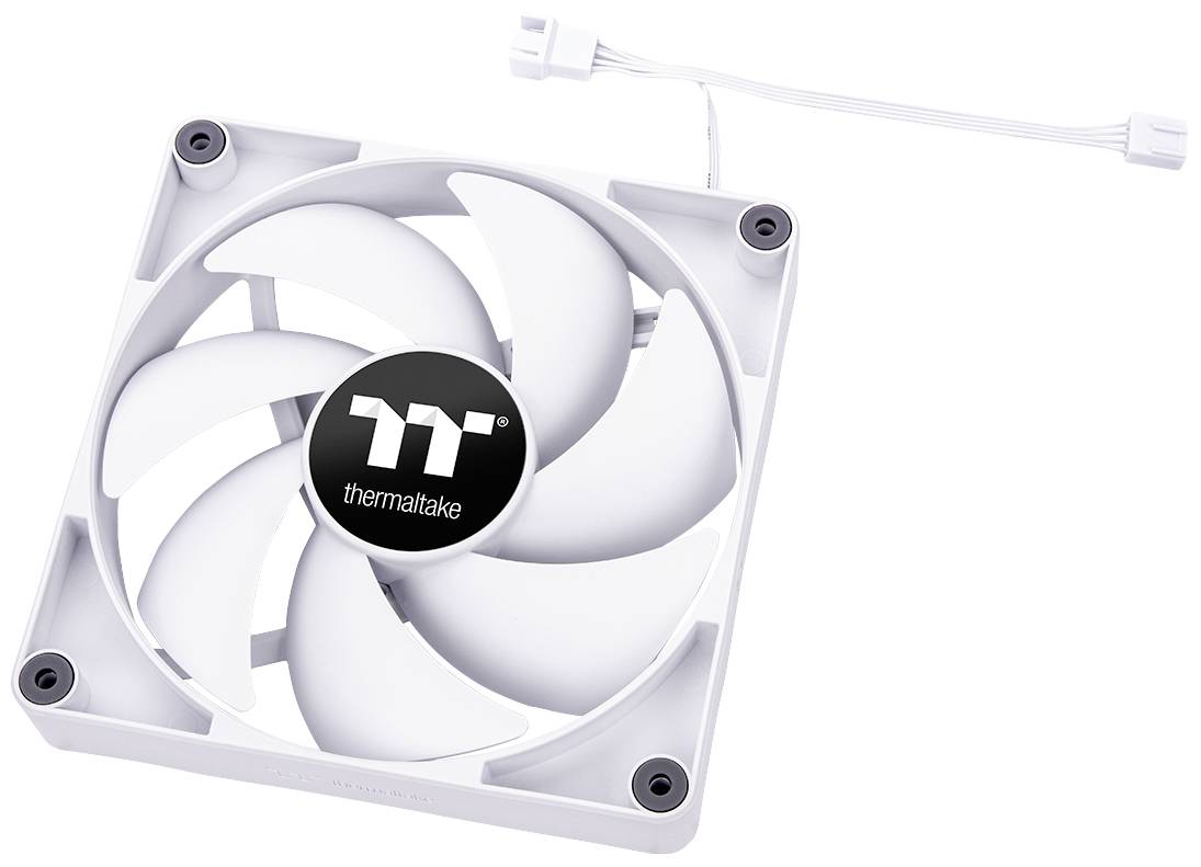 En hvid computerkøler med syv vinger og et Thermaltake-logo i midten. Foroven et hvidt tilslutningskabel.