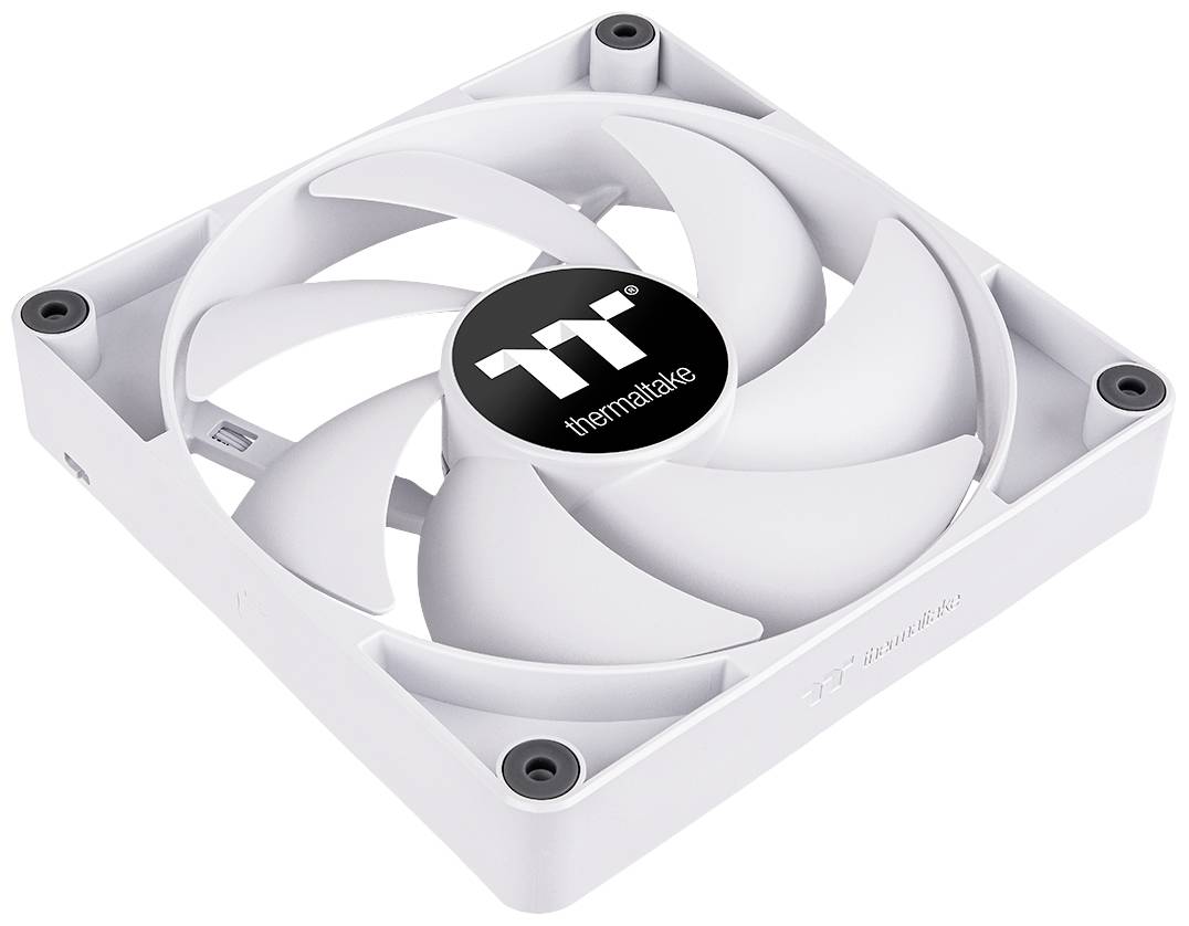 Hvide computerventilatorer med 'Thermaltake' logoet påtrykt. Designet viser fem buede vinger i en firkantet ramme.