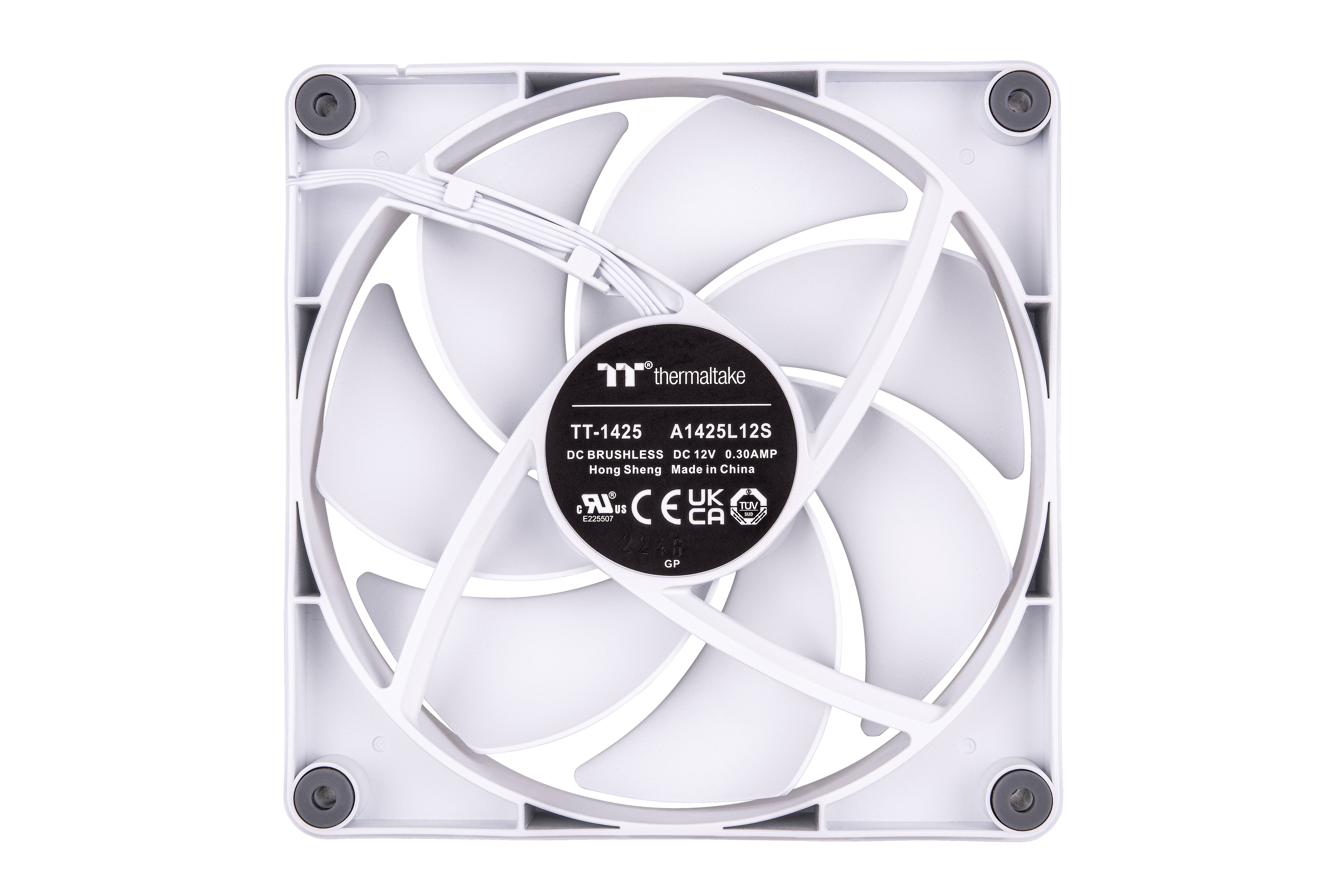 En hvid computer-blæser fra Thermaltake, model TT-1425, ses fra oven, med et centralt etiket der viser specifikationer.