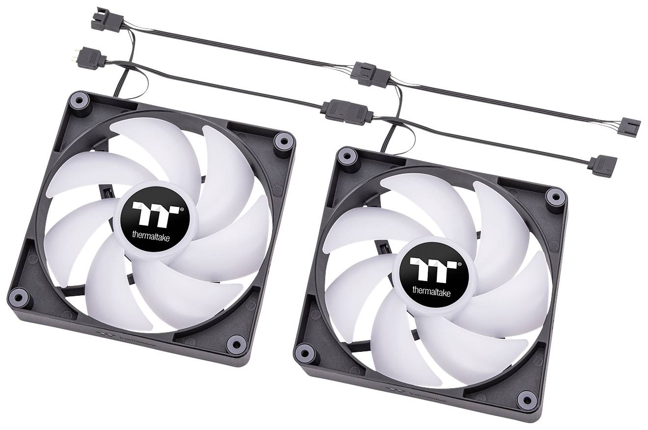 To svarte computerblæsere med gennemsigtige vinger, forbundet med strømkabler, bærer Thermaltake-logoet i midten.