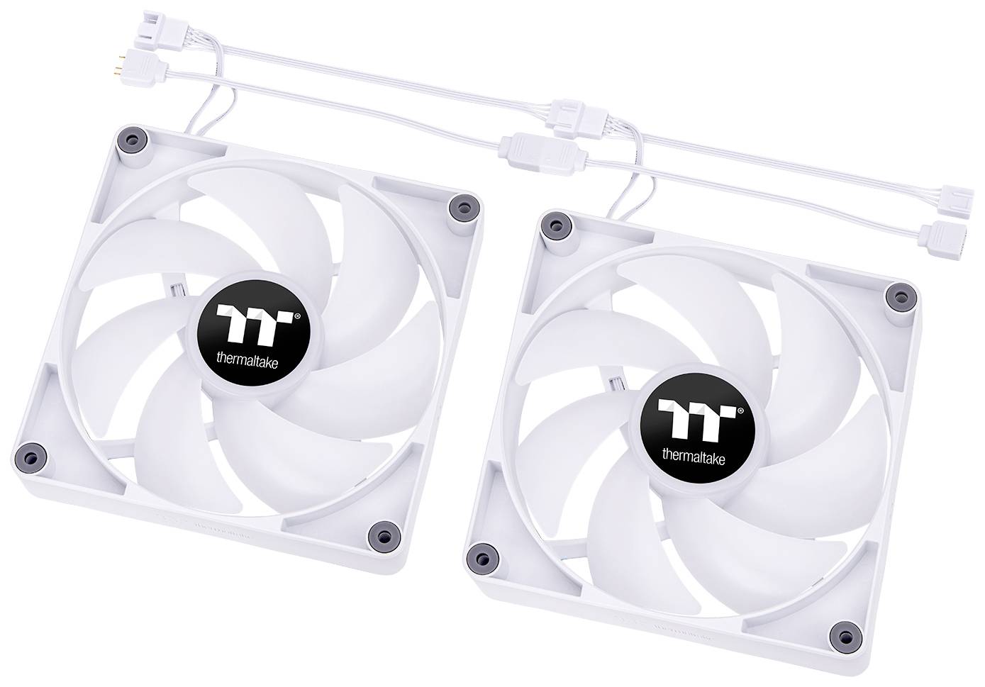 To computerventilatorer i hvid farve med sorte 'Thermaltake'-logoer, forbundet med hvide kabler, på en hvid baggrund.