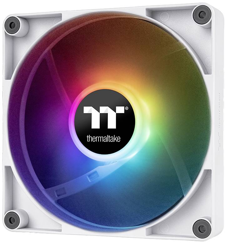 En farverig computerkøler fra Thermaltake i regnbuens farver, monteret i en hvid ramme med fire hjørner.