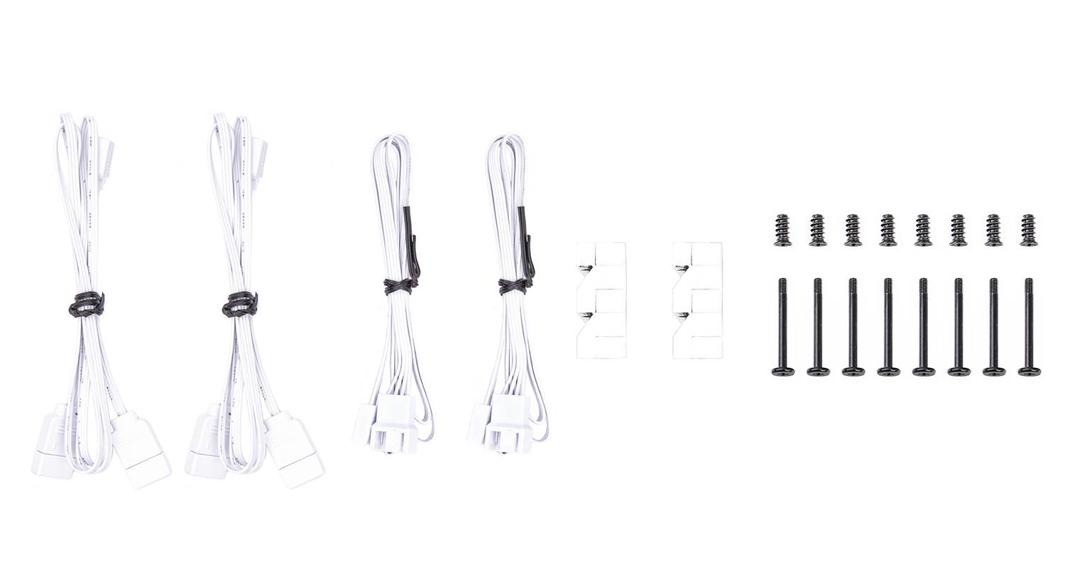 Adapterkabel med clips og skruer, organiseret i grupper.