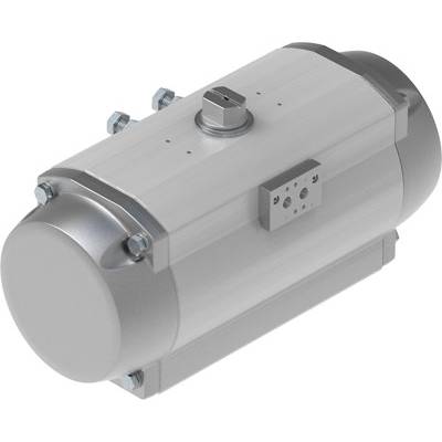 En dobbeltvirkende pneumatisk aktuator af metal, cylindrisk form med tilslutninger og monteringsskruer i siderne.
