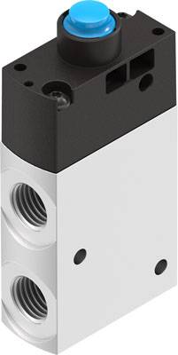 Trykluftventil i rektangulær form med sort hus og blå knap. To tilslutninger er synlige ved siden. Elektrisk styreventil.