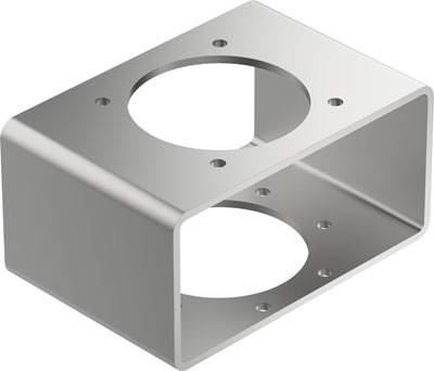 Metalholder med rektangulær form, to runde åbninger på modstående flader, flere monteringshuller til skruer.