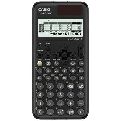 En videnskabelig lommeregner med display viser en statistiktabel og kommandoen 'Gennemsnit'. Det er en Casio fx-991DE CW.